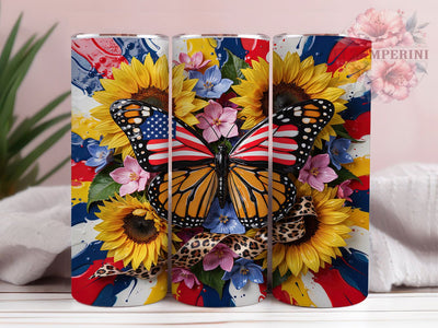Flag Butterfly Leopard 20oz Tumbler, Flag Motif, Butterfly Theme, Leopard Print, Patriotic Style, Bold Design, Skinny Tumbler, Sublimation PNG Sublimation Li Zamperini 