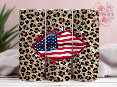 Flag Lips Leopard 20oz Tumbler, Flag Motif, Lips Design, Leopard Print, Patriotic Style, Bold Motif, Skinny Tumbler, Sublimation PNG Sublimation Li Zamperini 