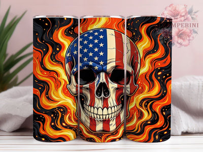 Flag Skull Flames 20oz Tumbler, Flag Motif, Skull Design, Flames Theme, Patriotic Style, Bold Graphic, Skinny Tumbler, Sublimation PNG Sublimation Li Zamperini 