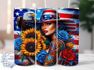 Flag Tattoo Girl 20oz Tumbler, Patriotic Girl Art, Sublimation Tumbler Wrap, 20oz Tumbler, USA Flag Theme, Independence Day Gift, Bold Feminine Aesthetic Sublimation ToriDesigns 