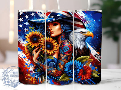 Flag Tattoo Girl 20oz Tumbler, Patriotic Girl Art, Sublimation Tumbler Wrap, 20oz Tumbler, USA Flag Theme, Independence Day Gift, Bold Feminine Aesthetic Sublimation ToriDesigns 