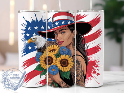 Flag Tattoo Girl 20oz Tumbler, Patriotic Girl Art, Sublimation Tumbler Wrap, 20oz Tumbler, USA Flag Theme, Independence Day Gift, Bold Feminine Aesthetic Sublimation ToriDesigns 