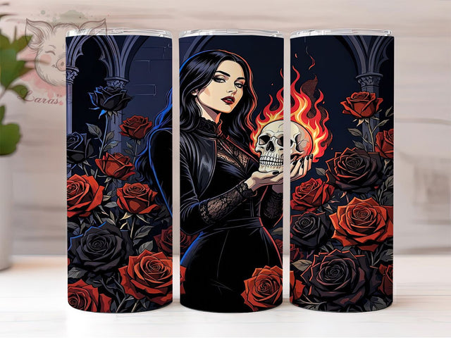 Flame Enchantress Skull Glow 20oz Tumbler, Skull Motif, Flame Accent, Enchantress Theme, Glow Art Design, Gothic Flair, Sublimation Wrap, 20oz Tumbler Sublimation Lara' s Designs 