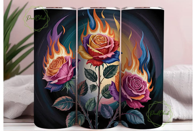 Flaming Roses 20oz Tumbler Wrap Sublimation PixelChick 