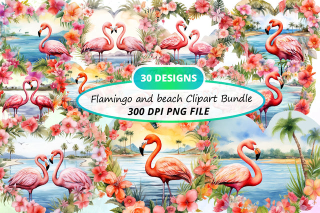 Flamingo And Beach Clipart Bundle Sublimation Regulrcrative 