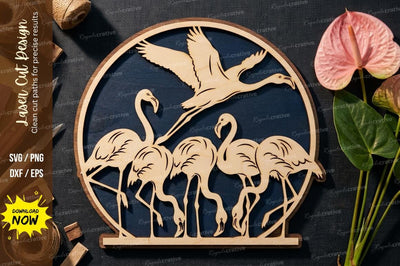 Flamingo Family Scene with Flying Bird – Laser Cut Wooden Wall Art SVG Regulrcrative 