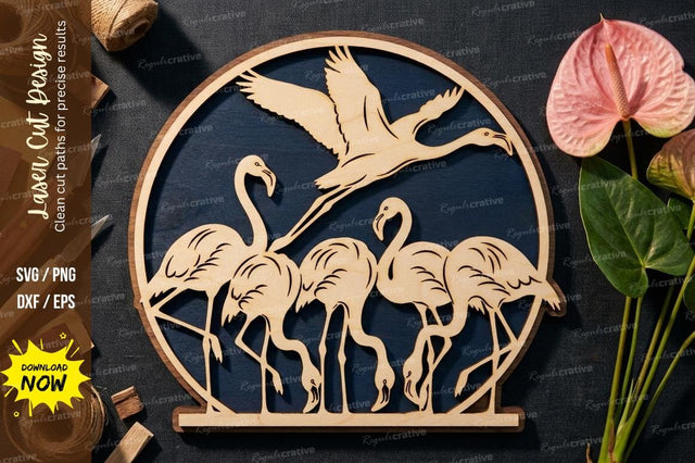 Flamingo Family Scene with Flying Bird – Laser Cut Wooden Wall Art SVG Regulrcrative 