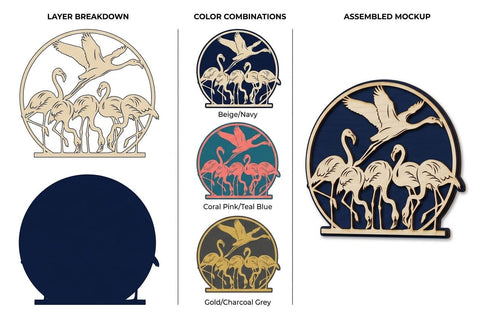 Flamingo Family Scene with Flying Bird – Laser Cut Wooden Wall Art SVG Regulrcrative 