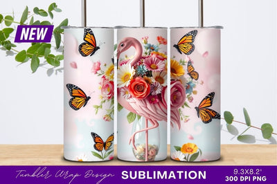 Flamingo floral arrangement with butterflies tumbler png Sublimation Regulrcrative 