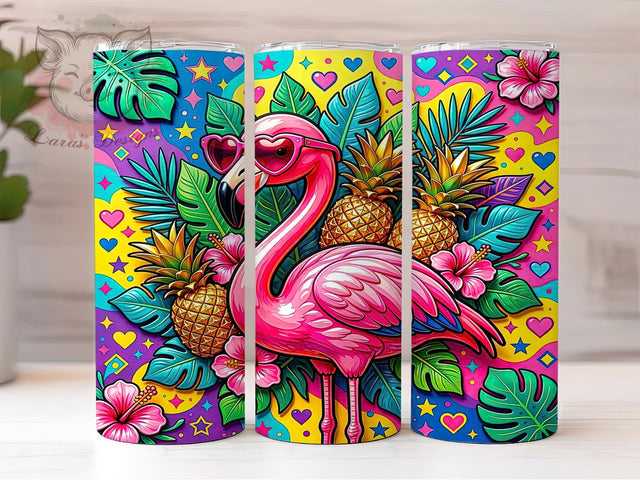 Flamingo Paradise Glow 20oz Tumbler, Flamingo Motif, Paradise Theme, Glow Effect, Tropical Charm, Whimsical Style, Skinny Tumbler, Sublimation PNG Sublimation Lara' s Designs 