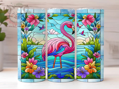 Flamingo Stained Glass Floral 20oz Tumbler Png, Straight & Tapered Tumbler Png, Flamingo Glass Tumbler Png, Digital Download PNG Sublimation Lara' s Designs 