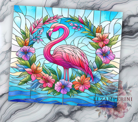 Flamingo Stained Glass Floral 20oz Tumbler Wrap PNG, Flamingo Glass Tumbler Png, Straight & Tapered Tumbler Wrap, Instant Digital Download Sublimation Li Zamperini 