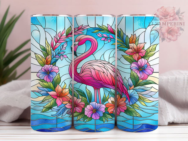 Flamingo Stained Glass Floral 20oz Tumbler Wrap PNG, Flamingo Glass Tumbler Png, Straight & Tapered Tumbler Wrap, Instant Digital Download Sublimation Li Zamperini 