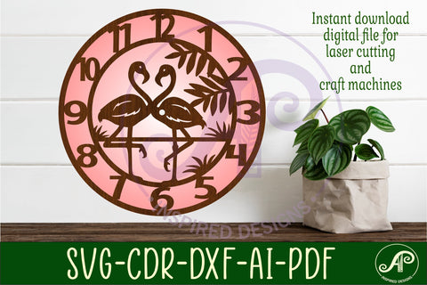 Flamingos clock wall clock laser cut files, SVG SVG APInspireddesigns 