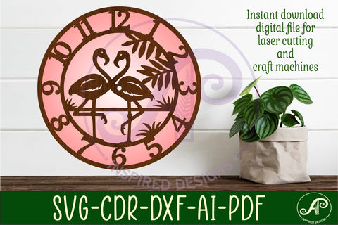 Flamingos clock wall clock laser cut files, SVG SVG APInspireddesigns 