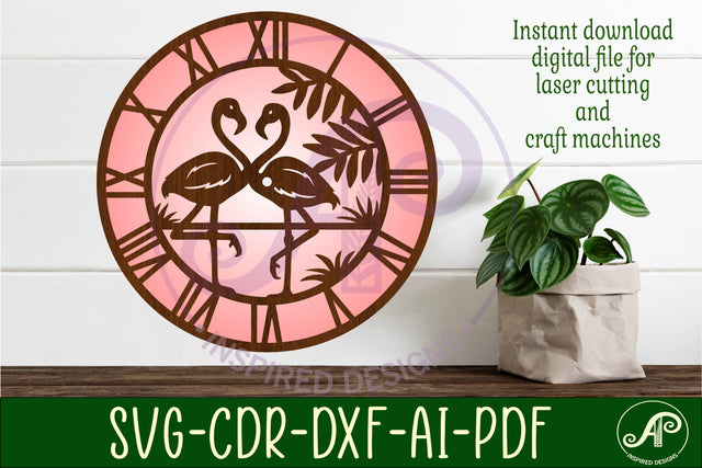 Flamingos clock wall clock laser cut files, SVG SVG APInspireddesigns 