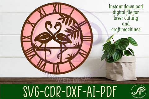 Flamingos clock wall clock laser cut files, SVG SVG APInspireddesigns 