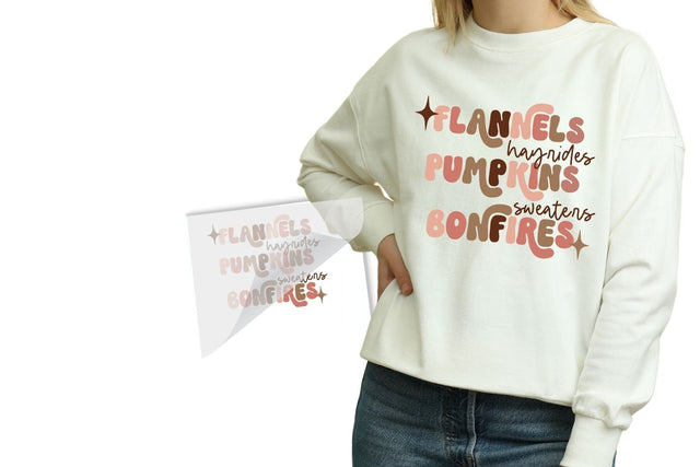 Flannels Hayrides Pumpkins Sweaters Bonfires DTF Heat Transfer Physical So Fontsy T-Shirt Iron-On Transfer Shop 4x4