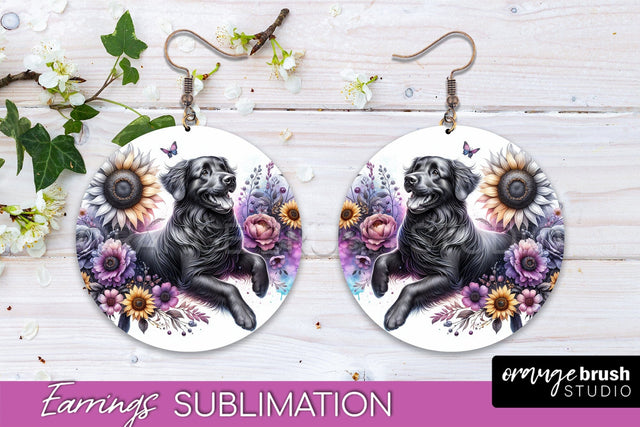 Flat-Coated Retriever Earrings - Dog Mom Floral Round Earring Sublimation Sublimation OrangeBrushStudio 