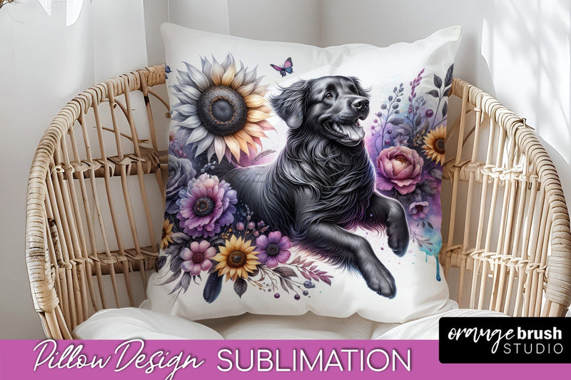 Flat-Coated Retriever Pillow Cover - Dog Mom Floral Pillow Sublimation Sublimation OrangeBrushStudio 