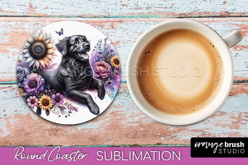 Flat-Coated Retriever Round Coaster - Dog Mom Floral Coaster Sublimation Sublimation OrangeBrushStudio 