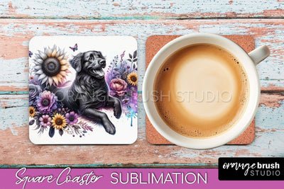 Flat-Coated Retriever Square Coaster - Dog Mom Floral Coaster Sublimation Sublimation OrangeBrushStudio 