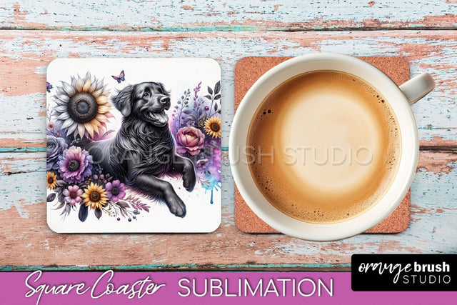 Flat-Coated Retriever Square Coaster - Dog Mom Floral Coaster Sublimation Sublimation OrangeBrushStudio 