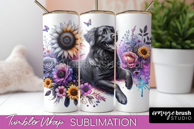 Flat-Coated Retriever Tumbler Wrap - Dog Mom Floral Tumbler Sublimation Sublimation OrangeBrushStudio 