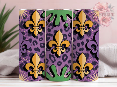 Fleur De Lis Mardi Gras Tumbler, Beads and Leopard Wrap, Carnival Celebration Cup, 20oz Sublimation Wrap, Festive Party Tumbler, New Orleans Mardi Gras Cup, Colorful Leopard Pattern Wrap Sublimation Li Zamperini 