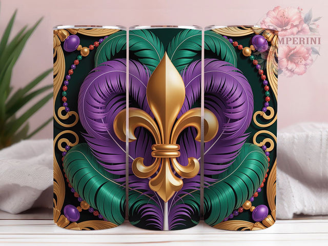 Fleur De Lis Mardi Gras Tumbler, Carnival Feathers Wrap, Festive Party Cup, 20oz Sublimation Wrap, New Orleans Celebration Tumbler, Colorful Beads Design Cup, Mardi Gras Icon Theme Wrap Sublimation Li Zamperini 