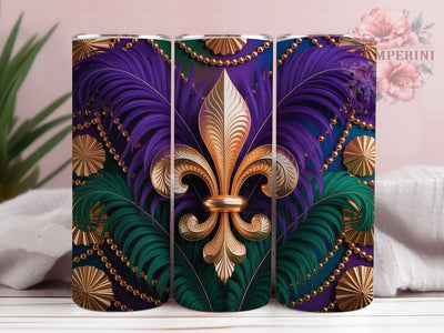 Fleur De Lis Mardi Gras Tumbler, Carnival Feathers Wrap, Festive Party Cup, 20oz Sublimation Wrap, New Orleans Celebration Tumbler, Colorful Beads Design Cup, Mardi Gras Icon Theme Wrap Sublimation Li Zamperini 