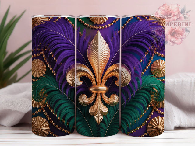 Fleur De Lis Mardi Gras Tumbler, Carnival Feathers Wrap, Festive Party Cup, 20oz Sublimation Wrap, New Orleans Celebration Tumbler, Colorful Beads Design Cup, Mardi Gras Icon Theme Wrap Sublimation Li Zamperini 