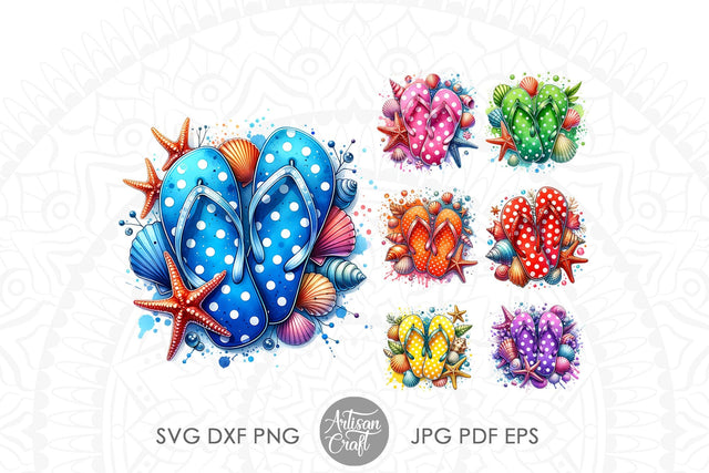 Flip flops PNG, Polka dots, Sea Shell Clip Art Sublimation Artisan Craft SVG 