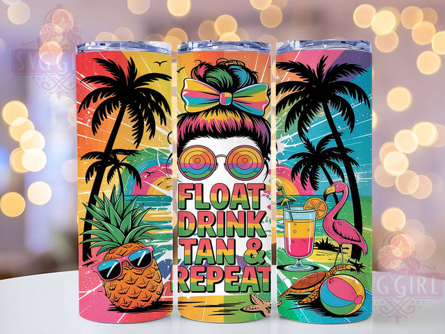 Float Drink Tan Messy Bun Beach Tumbler, Beach Life PNG, Float Drink Tan Repeat, Messy Bun Tumbler Design, 20oz Sublimation Wrap, Vacation Girl Cup, Pool Day Tumbler Wrap Sublimation SvggirlplusArt 