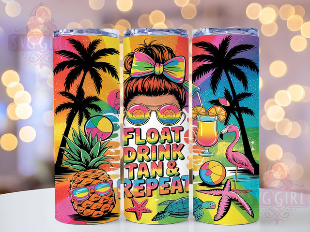 Float Drink Tan Messy Bun Beach Tumbler, Beach Life PNG, Float Drink Tan Repeat, Messy Bun Tumbler Design, 20oz Sublimation Wrap, Vacation Girl Cup, Pool Day Tumbler Wrap Sublimation SvggirlplusArt 
