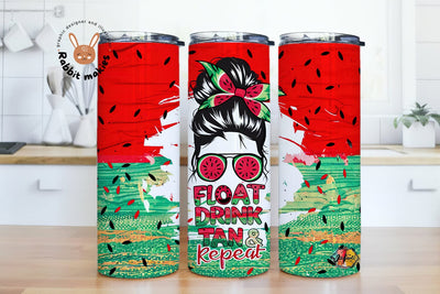Float Drink Tan Repeat Tumbler Wrap, Summer Messy Bun Summer, 20 oz Skinny Tumbler Sublimation Sublimation Rabbitmakies 
