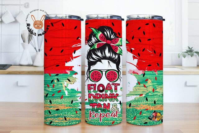 Float Drink Tan Repeat Tumbler Wrap, Summer Messy Bun Summer, 20 oz Skinny Tumbler Sublimation Sublimation Rabbitmakies 