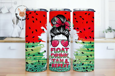 Float Drink Tan Repeat Tumbler Wrap, Summer Messy Bun Summer, 20 oz Skinny Tumbler Sublimation Sublimation Rabbitmakies 
