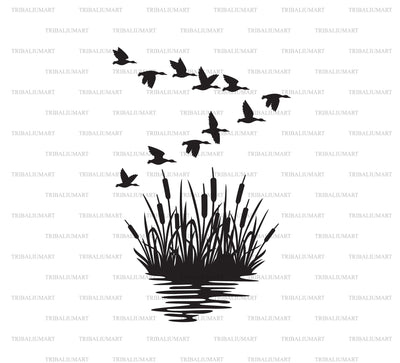 Flock of mallard ducks and reeds background silhouette (bulrush and grass) SVG TribaliumArtSF 