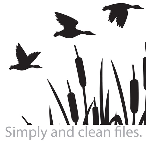 Flock of mallard ducks and reeds background silhouette (bulrush and grass) SVG TribaliumArtSF 