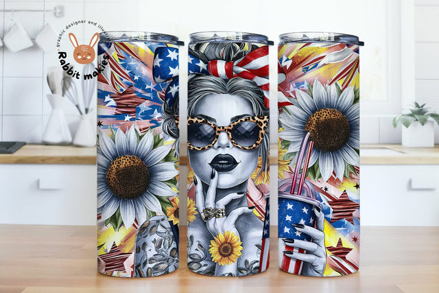 Floral 4th of July 20 oz Tumbler Wrap Sublimation Design, American Flag Sunflowers Patriotic Tumbler PNG Design Templates, Digital Download Sublimation Rabbitmakies 
