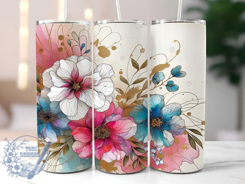 Floral Alcohol Ink With Gold Accent 20oz Skinny Tumbler, Floral Alcohol Ink Tumbler Png, Straight & Tapered Tumbler Wrap, Instant Digital Download Sublimation ToriDesigns 