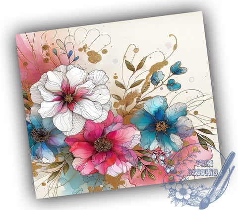 Floral Alcohol Ink With Gold Accent 20oz Skinny Tumbler, Floral Alcohol Ink Tumbler Png, Straight & Tapered Tumbler Wrap, Instant Digital Download Sublimation ToriDesigns 