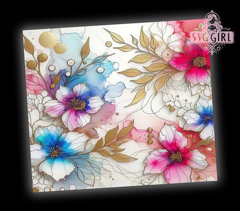 Floral Alcohol Ink With Gold Accent 20oz Tumbler Wrap Sublimation Design, Straight Tapered Tumbler Wrap, Floral Alcohol Ink Tumbler Png, Instant Digital Download Sublimation SvggirlplusArt 