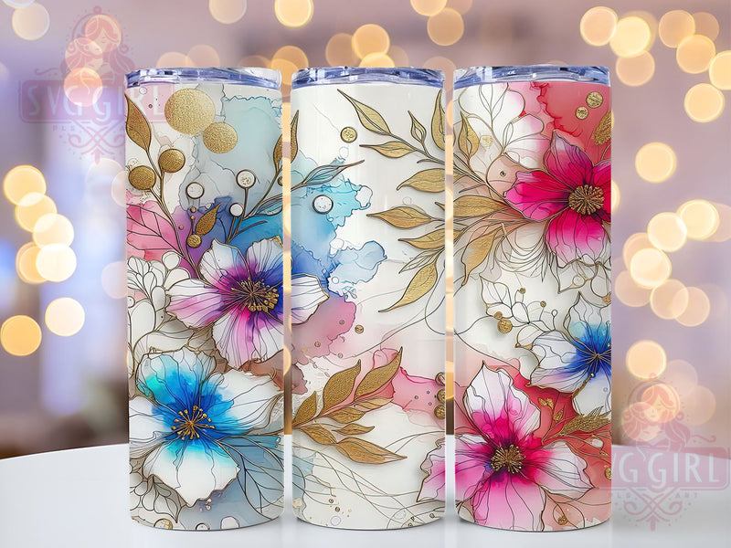 Floral Alcohol Ink With Gold Accent 20oz Tumbler Wrap Sublimation Design, Straight Tapered Tumbler Wrap, Floral Alcohol Ink Tumbler Png, Instant Digital Download Sublimation SvggirlplusArt 