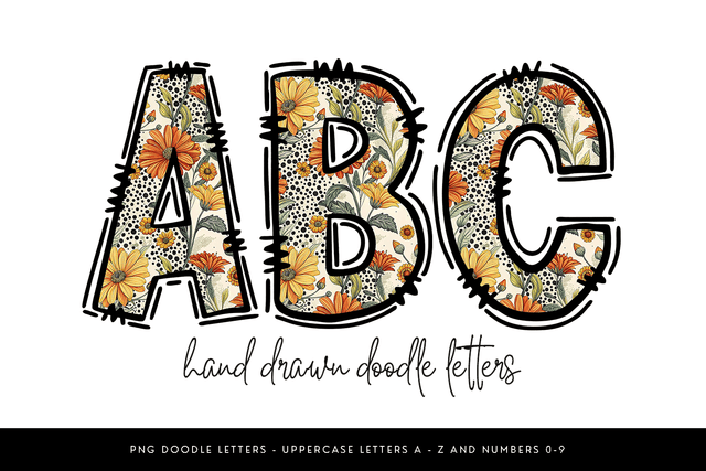 Floral Alphabet PNG, Hand Drawn Doodle Letters Sublimation BijouBay 