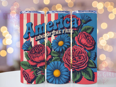 Floral American Flag 20oz Tumbler Wrap, Floral USA Design, Land Of The Free Quote, Patriotic Sublimation Wrap, 20oz Tumbler Design, PNG Tumbler Wrap, Independence Theme Sublimation SvggirlplusArt 