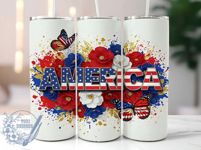 Floral American Tumbler Wrap, American Design, 20oz Sublimation, Skinny Tumbler Wrap, Digital Download, Seamless Design, Sublimation Template Sublimation ToriDesigns 