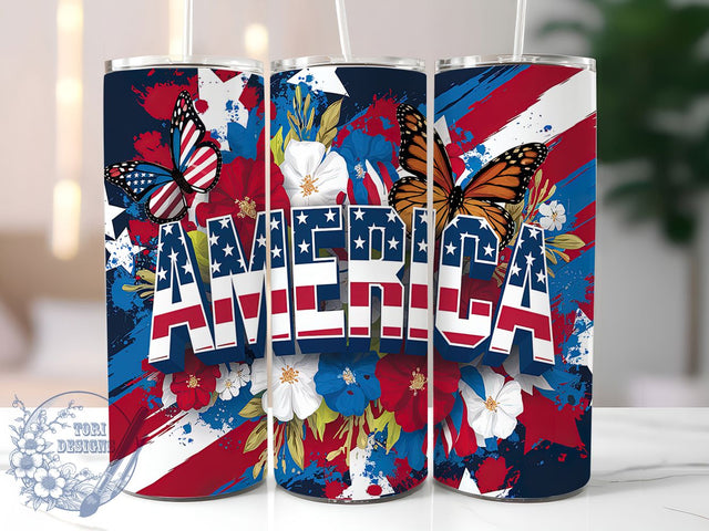 Floral American Tumbler Wrap, American Design, 20oz Sublimation, Skinny Tumbler Wrap, Digital Download, Seamless Design, Sublimation Template Sublimation ToriDesigns 