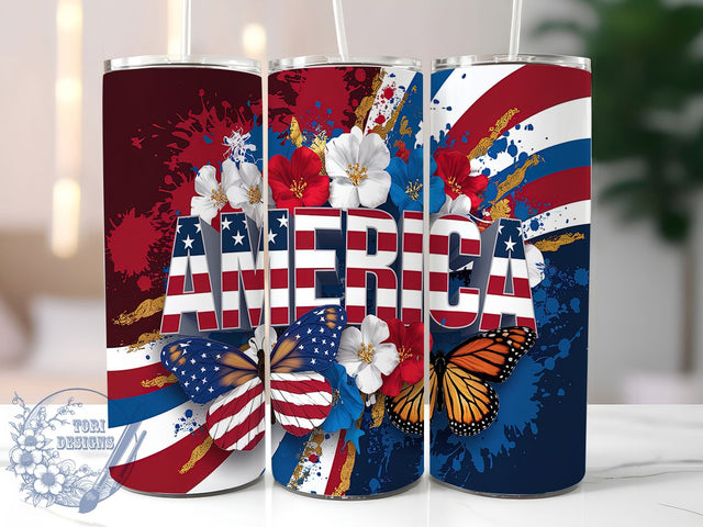 Floral American Tumbler Wrap, American Design, 20oz Sublimation, Skinny Tumbler Wrap, Digital Download, Seamless Design, Sublimation Template Sublimation ToriDesigns 